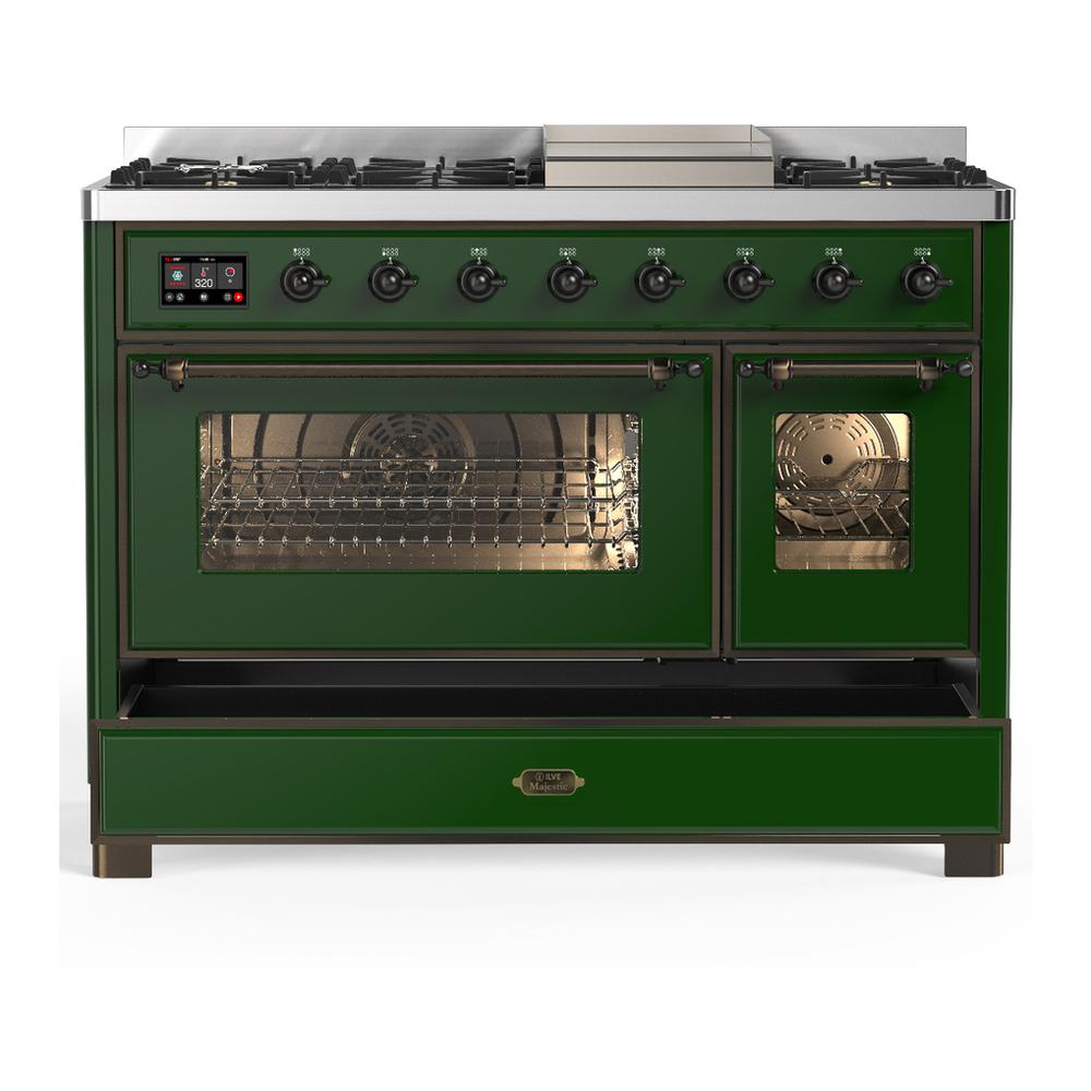 Ilve UM48FNR3EGB Ilve Um48Fnr3Egb Majestic Iii 48 Inch Dual Fuel Range With 8 Burners And Griddle, Dual Function Burner Up To 25,000 Btu (Natural Gas, Triple Glass Door, Emerald Green, Burnished)