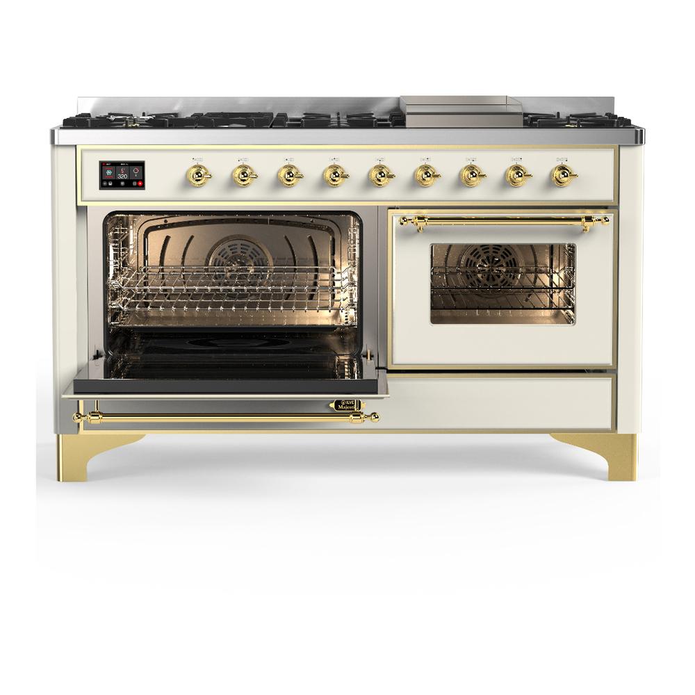 Ilve UM60FNR3AWGLP Ilve Um60Fnr3Awglp Majestic Iii 60 Inch Dual Fuel Range With 9 Burners And Griddle, Dual Function Burner Up To 25,000 Btu (Liquid Propane, Triple Glass Door, Antique White, Brass)
