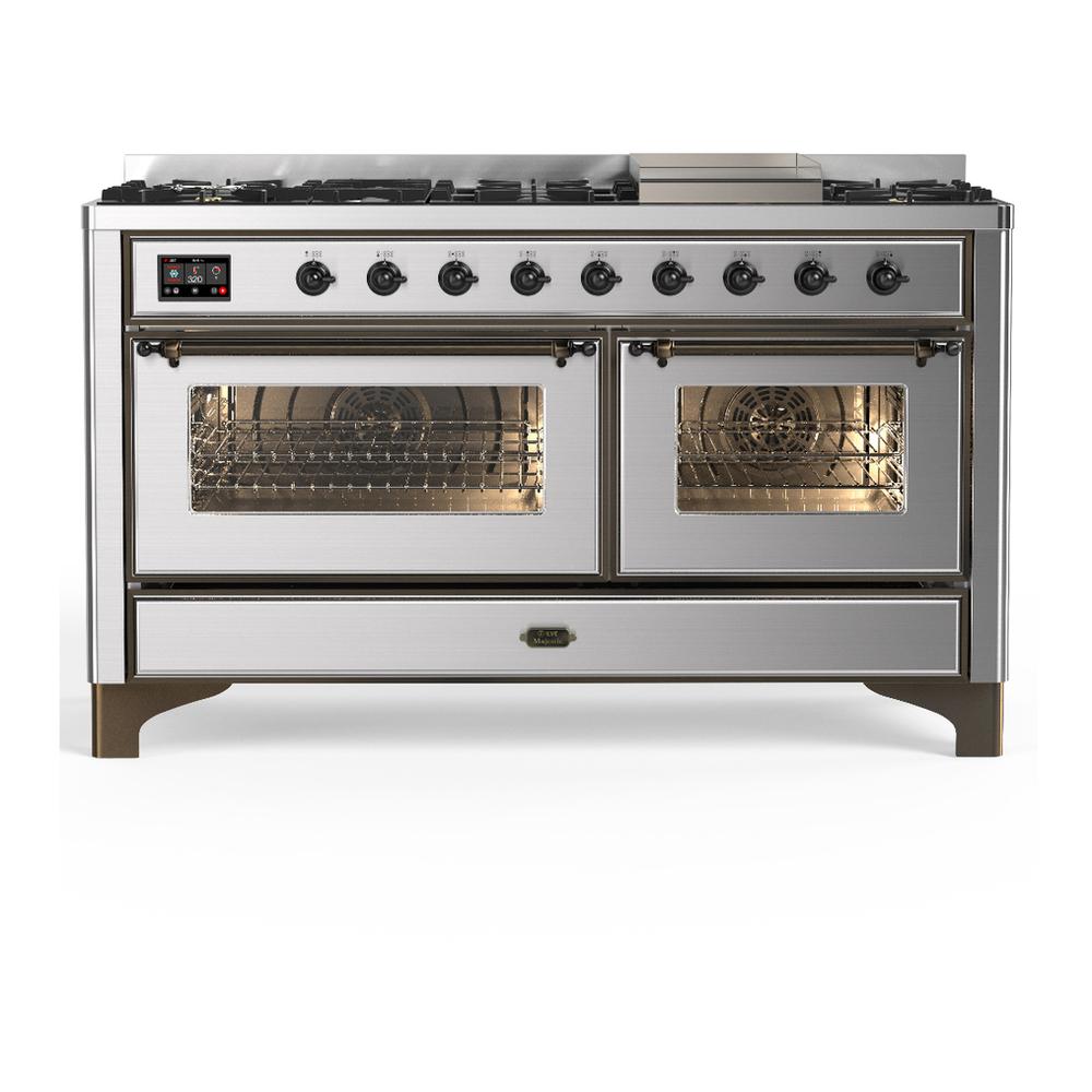 Ilve UM60FNR3SSB Ilve Um60Fnr3Ssb Majestic Iii 60 Inch Dual Fuel Range With 9 Burners And Griddle, Dual Function Burner Up To 25,000 Btu (Natural Gas, Triple Glass Door, Stainless Steel, Burnished)