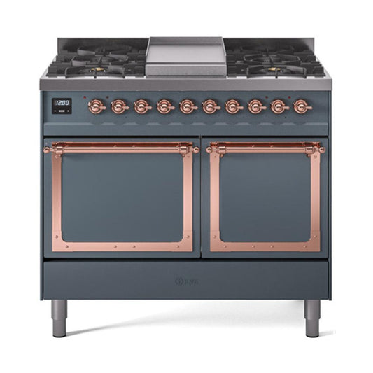 Ilve UND40FQNMPBGP Ilve Und40Fqnmpbgp Nostalgie Ii Noblesse 40" Dual Fuel Range (Natural Gas, Solid Door, Blue Grey, Copper)