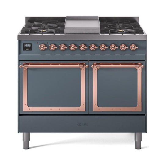 Ilve UND40FQNMPBGP Ilve Und40Fqnmpbgp Nostalgie Ii Noblesse 40" Dual Fuel Range (Natural Gas, Solid Door, Blue Grey, Copper)