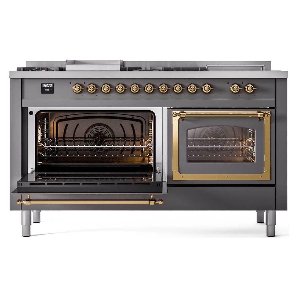 Ilve UN60FSNMPMGGLP Ilve Un60Fsnmpmgglp Nostalgie Ii Noblesse 60" Dual Fuel Range (7 Sealed Burners + Griddle + French Top, Liquid Propane, Triple Glass Door, Graphite Matte, Brass)