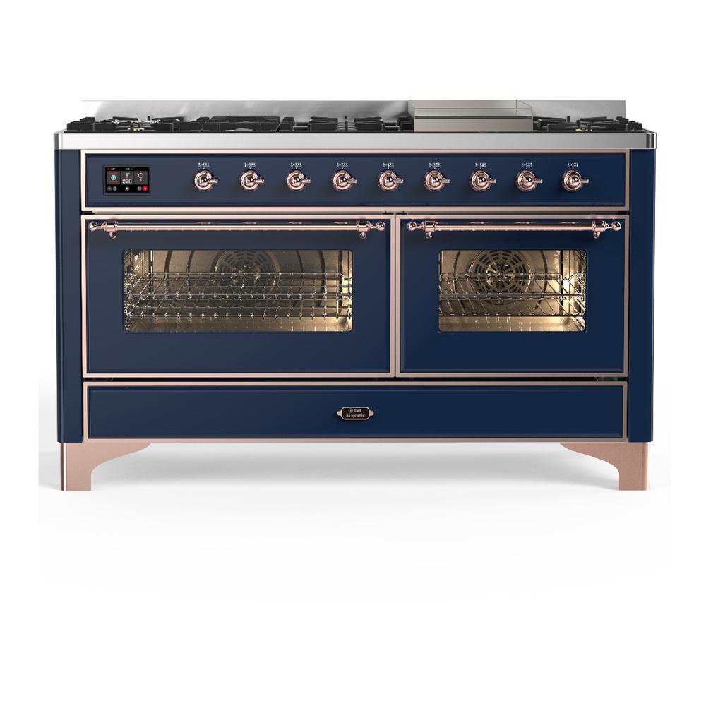 Ilve UM60FNR3MBPLP Ilve Um60Fnr3Mbplp Majestic Iii 60 Inch Dual Fuel Range With 9 Burners And Griddle, Dual Function Burner Up To 25,000 Btu (Liquid Propane, Triple Glass Door, Midnight Blue, Copper)