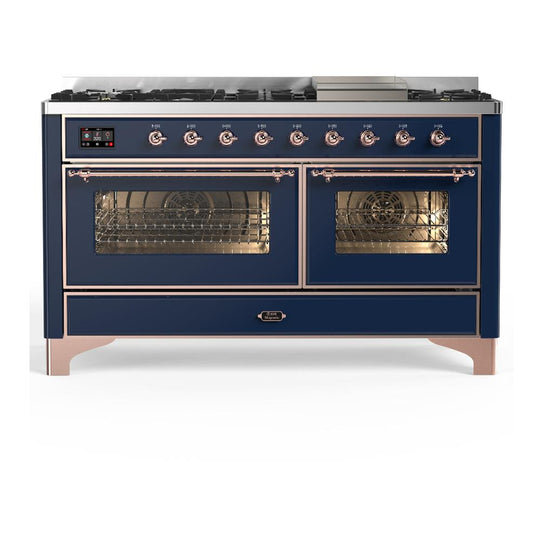 Ilve UM60FNR3MBPLP Ilve Um60Fnr3Mbplp Majestic Iii 60 Inch Dual Fuel Range With 9 Burners And Griddle, Dual Function Burner Up To 25,000 Btu (Liquid Propane, Triple Glass Door, Midnight Blue, Copper)