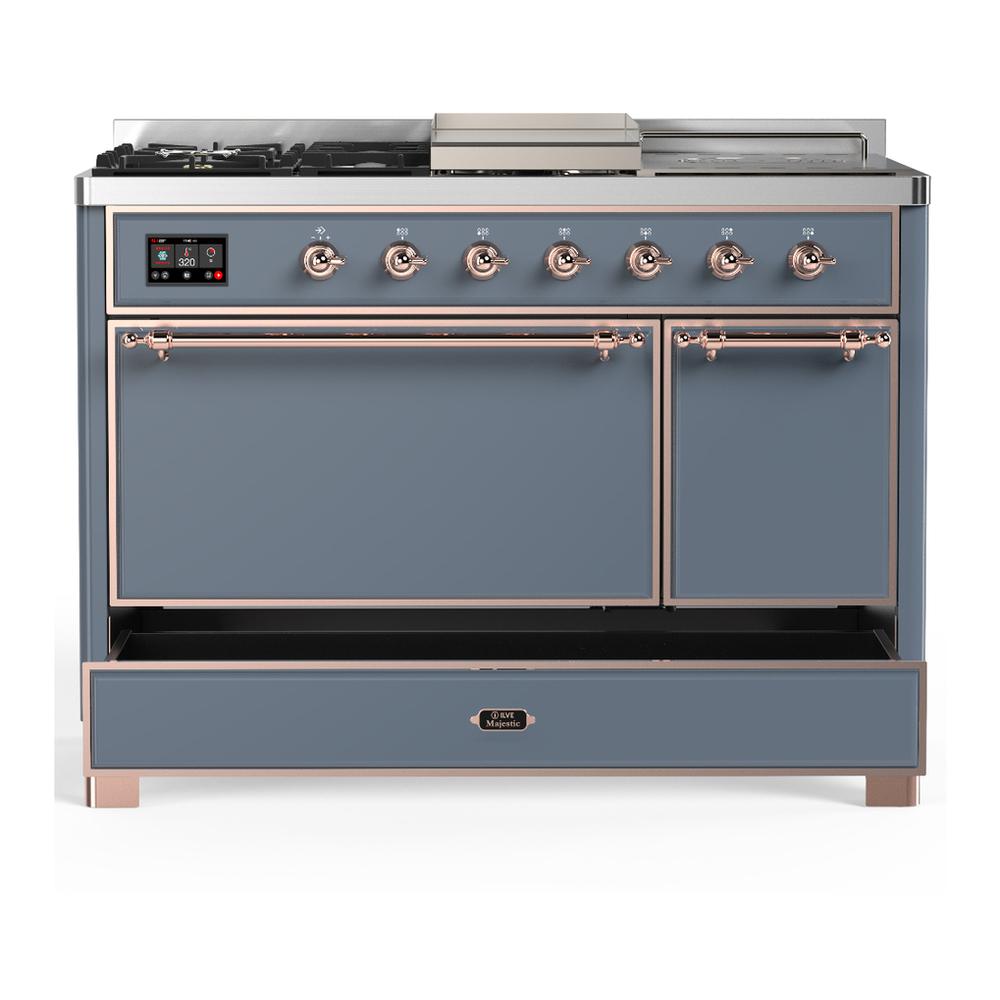 Ilve UM48FSQNR3BGPLP Ilve Um48Fsqnr3Bgplp Majestic Iii 48 Inch Dual Fuel Range With 5 Black Brass Burners, Griddle And French Top, Dual Function Burner Up To 25,000 Btu (Liquid Propane, Solid Door, Blue Grey, Copper)