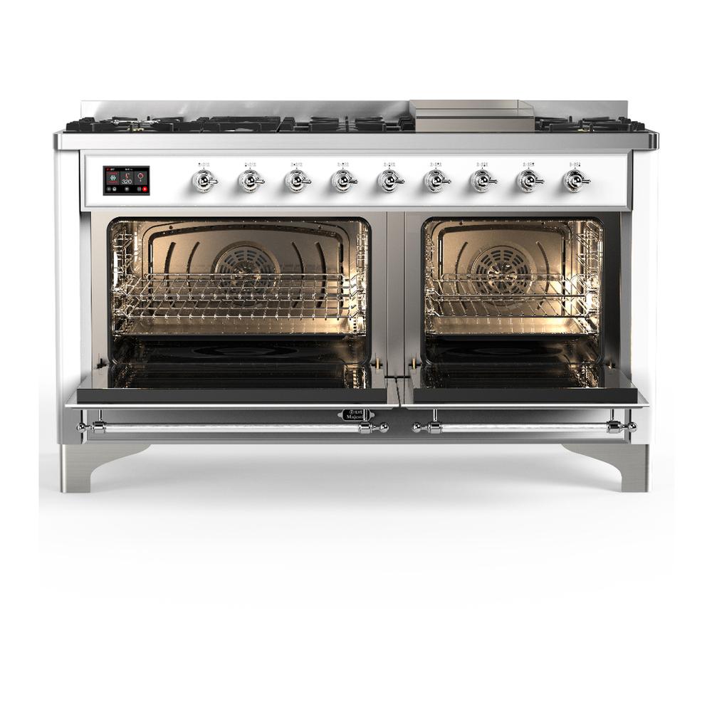 Ilve UM60FNR3WHCLP Ilve Um60Fnr3Whclp Majestic Iii 60 Inch Dual Fuel Range With 9 Burners And Griddle, Dual Function Burner Up To 25,000 Btu (Liquid Propane, Triple Glass Door, White, Chrome)