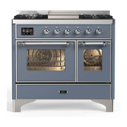 Ilve UMD40FNR3BGCLP Ilve Umd40Fnr3Bgclp Majestic Iii 40 Inch Dual Fuel Range With 6 Burners And Griddle, Dual Function Burner Up To 25,000 Btu (Liquid Propane, Triple Glass Door, Blue Grey, Chrome)