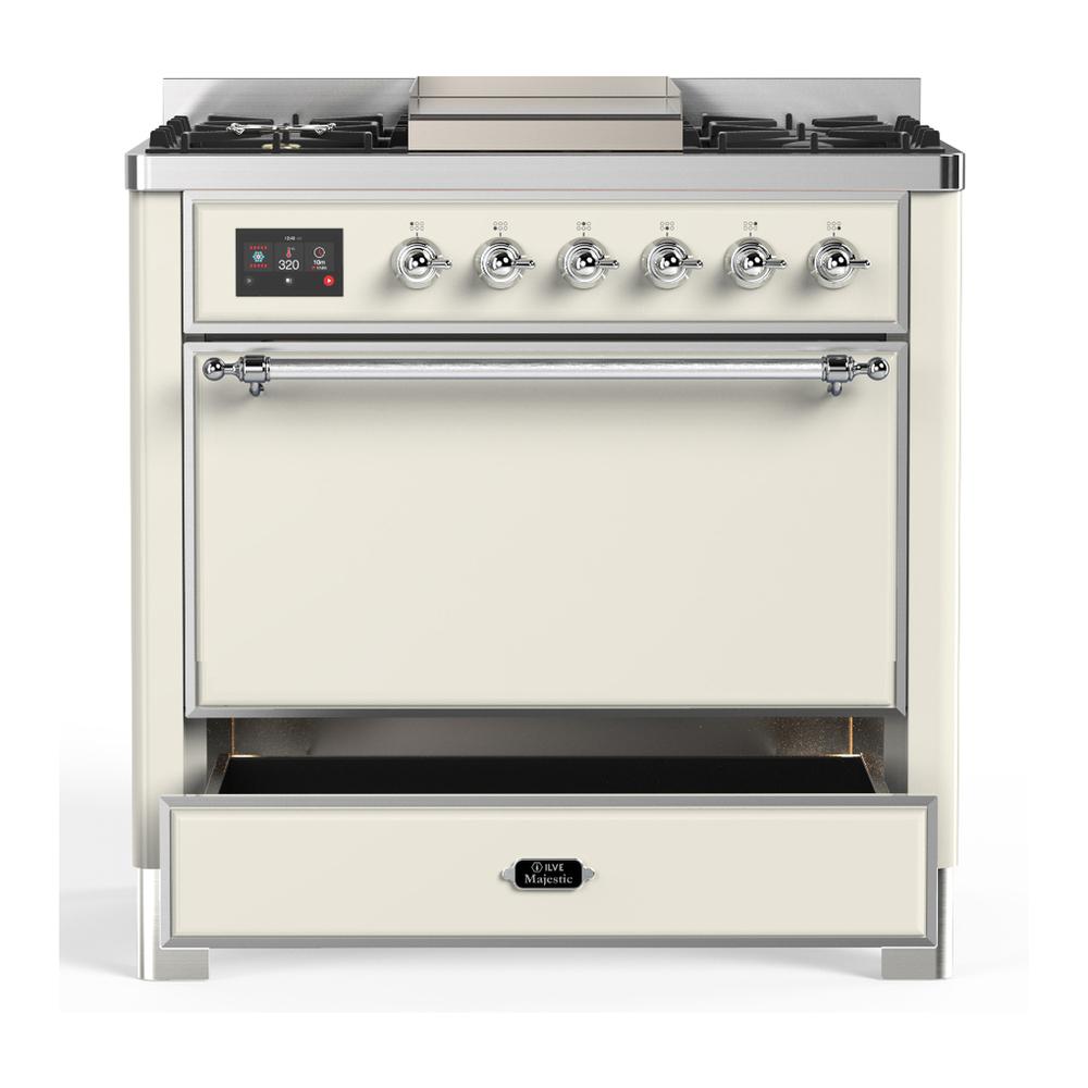 Ilve UM36FQNR3AWC Ilve Um36Fqnr3Awc Majestic Iii 36 Inch Dual Fuel Range With 6 Black Brass Burners And Griddle, Dual Function Burner Up To 25,000 Btu (Solid Door, Antique White, Chrome, Natural Gas)
