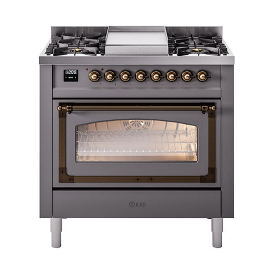 Ilve UN36FNMPMGB Ilve Un36Fnmpmgb Nostalgie Ii Noblesse 36" Dual Fuel Range (Natural Gas, Triple Glass Door, Graphite Matte, Burnished)