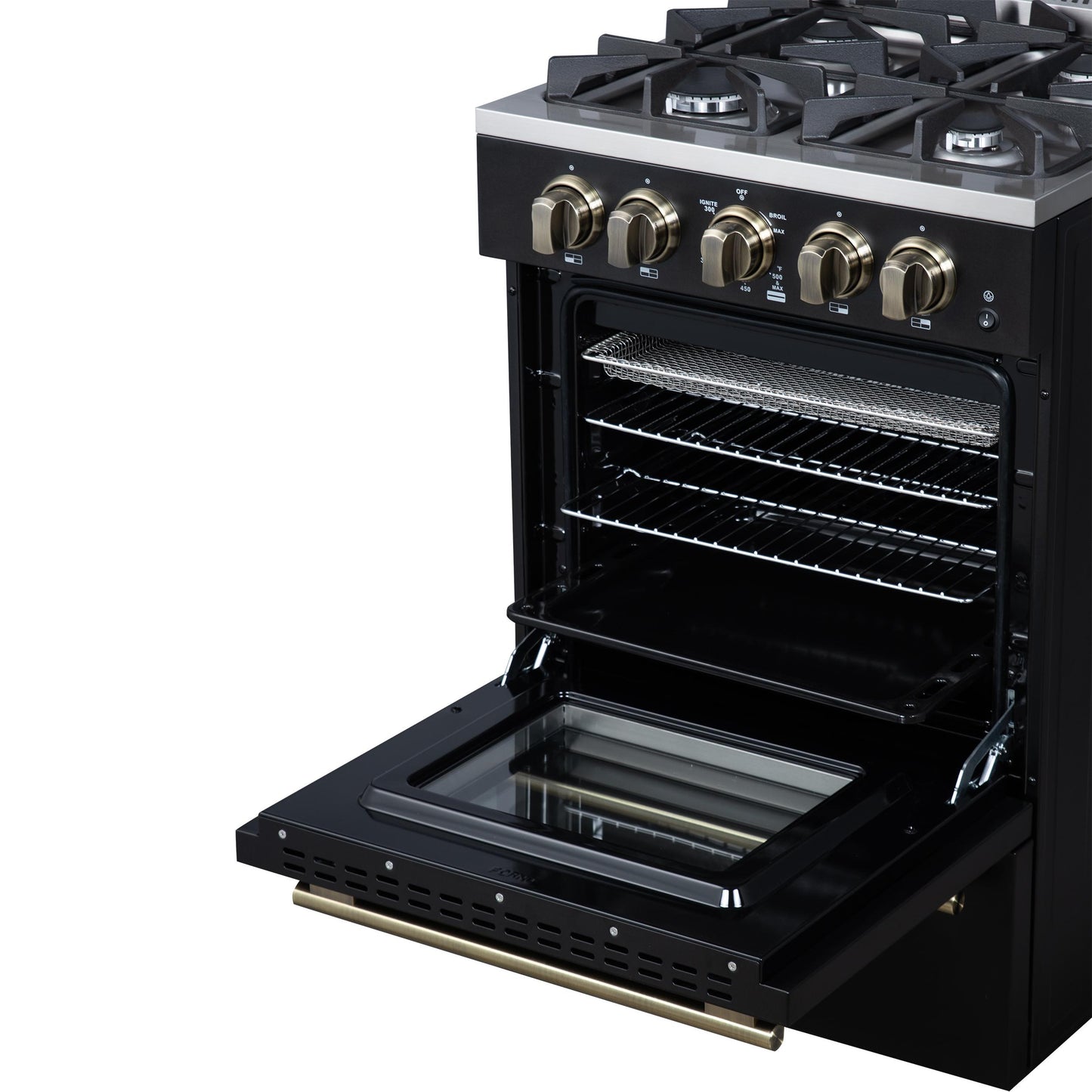 Forno FFSGS627224BLK Forno Breno 24 Inch Freestanding Gas Range In Black With Antique Brass, Compact Design