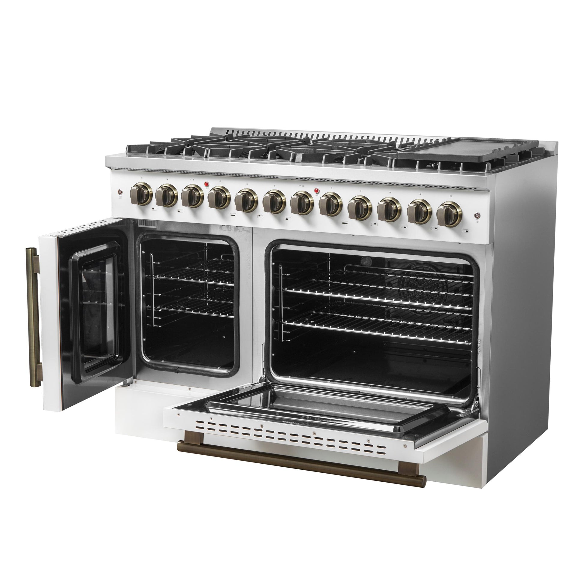 Forno FFSGS635648WHT Forno Galiano 48-Inch French Door Dual Fuel Range, White & Antique Brass Design, 8 Sealed Burners - 107,000 Btu, Griddle, 6.58 Cu.Ft. Double Ovens