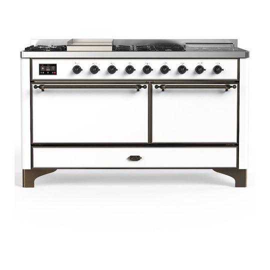 Ilve UM60FSQNR3WHB Ilve Um60Fsqnr3Whb Majestic Iii 60 Inch Dual Fuel Range With 7 Burners, Griddle And French Top, Dual Function Burner With Up To 25,000 Btu (Natural Gas, Solid Door, White, Burnished)