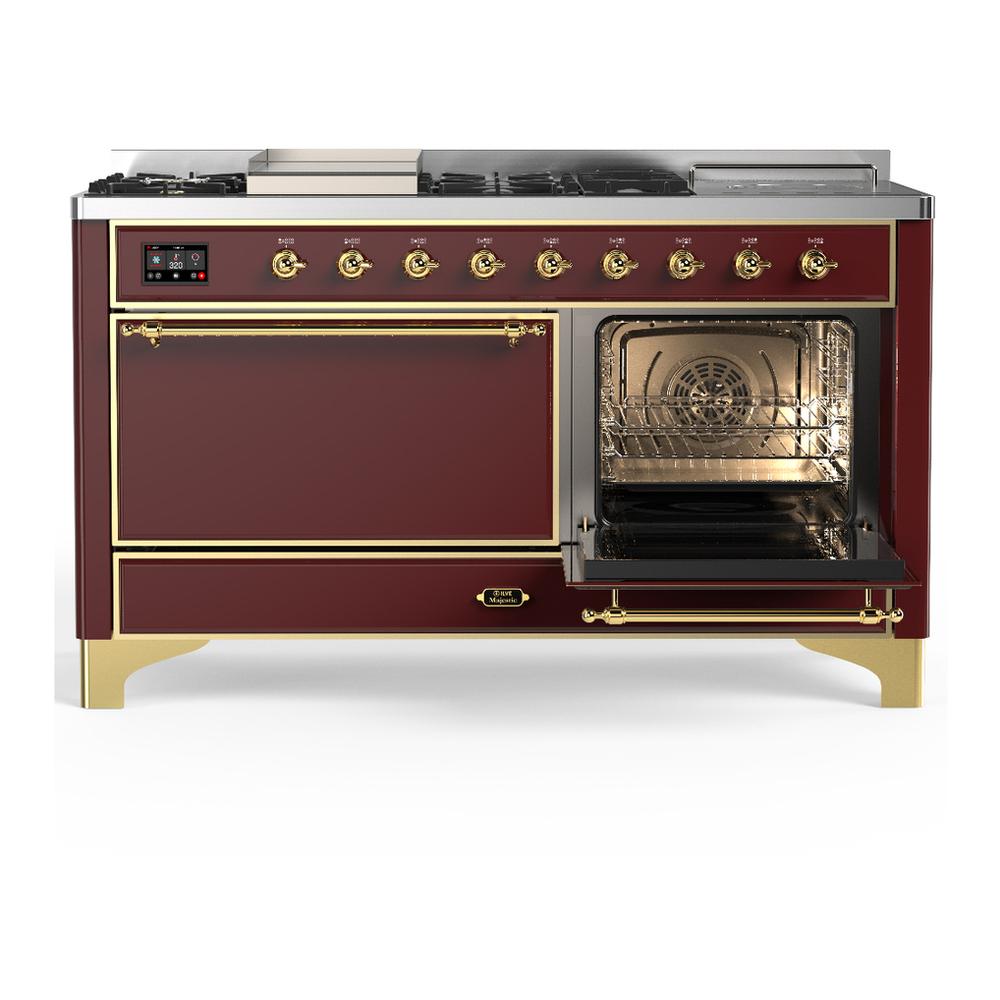 Ilve UM60FSQNR3BUGLP Ilve Um60Fsqnr3Buglp Majestic Iii 60 Inch Dual Fuel Range With 7 Burners, Griddle And French Top, Dual Function Burner With Up To 25,000 Btu (Liquid Propane, Solid Door, Burgundy, Brass)