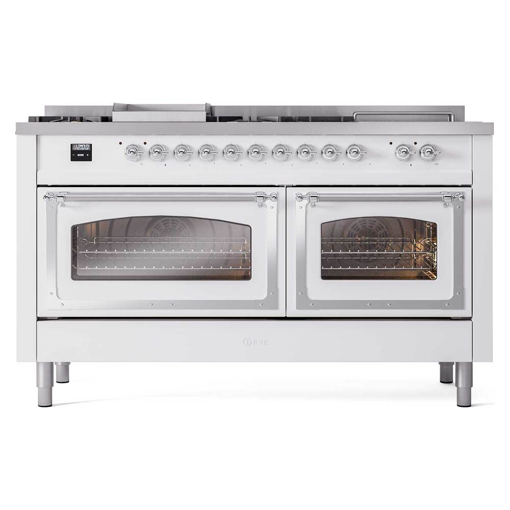 Ilve UN60FSNMPWHC Ilve Un60Fsnmpwhc Nostalgie Ii Noblesse 60" Dual Fuel Range (7 Sealed Burners + Griddle + French Top, Natural Gas, Triple Glass Door, White, Chrome)