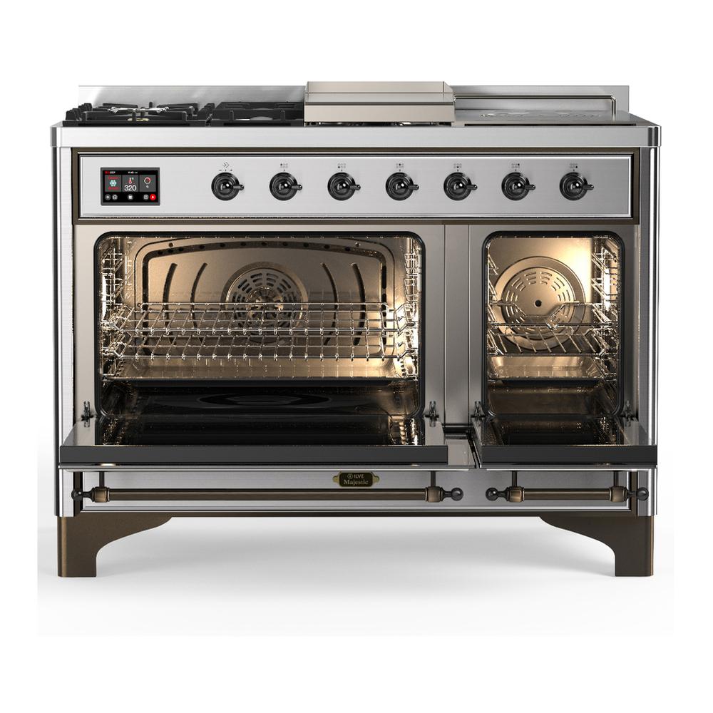 Ilve UM48FSNR3SSBLP Ilve Um48Fsnr3Ssblp Majestic Iii 48 Inch Dual Fuel Range With 5 Black Brass Burners, Griddle And French Top, Dual Function Burner Up To 25,000 Btu (Liquid Propane, Triple Glass Door, Stainless Steel, Burnished)