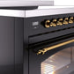 Ilve UPI486NMPBKG Nostalgie Ii 48 Inch Electric Freestanding Range In Glossy Black With Brass Trim
