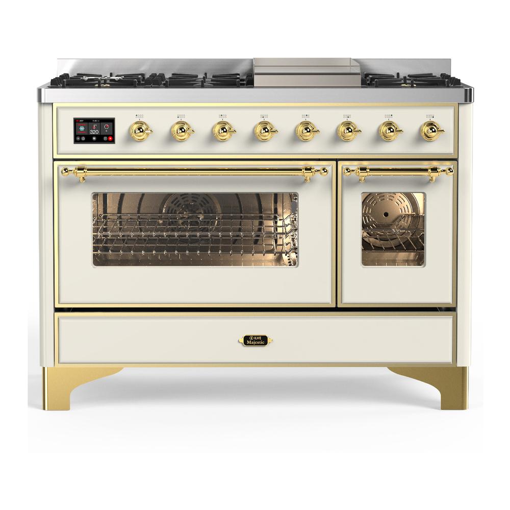 Ilve UM48FNR3AWGLP Ilve Um48Fnr3Awglp Majestic Iii 48 Inch Dual Fuel Range With 8 Burners And Griddle, Dual Function Burner Up To 25,000 Btu (Liquid Propane, Triple Glass Door, Antique White, Brass)