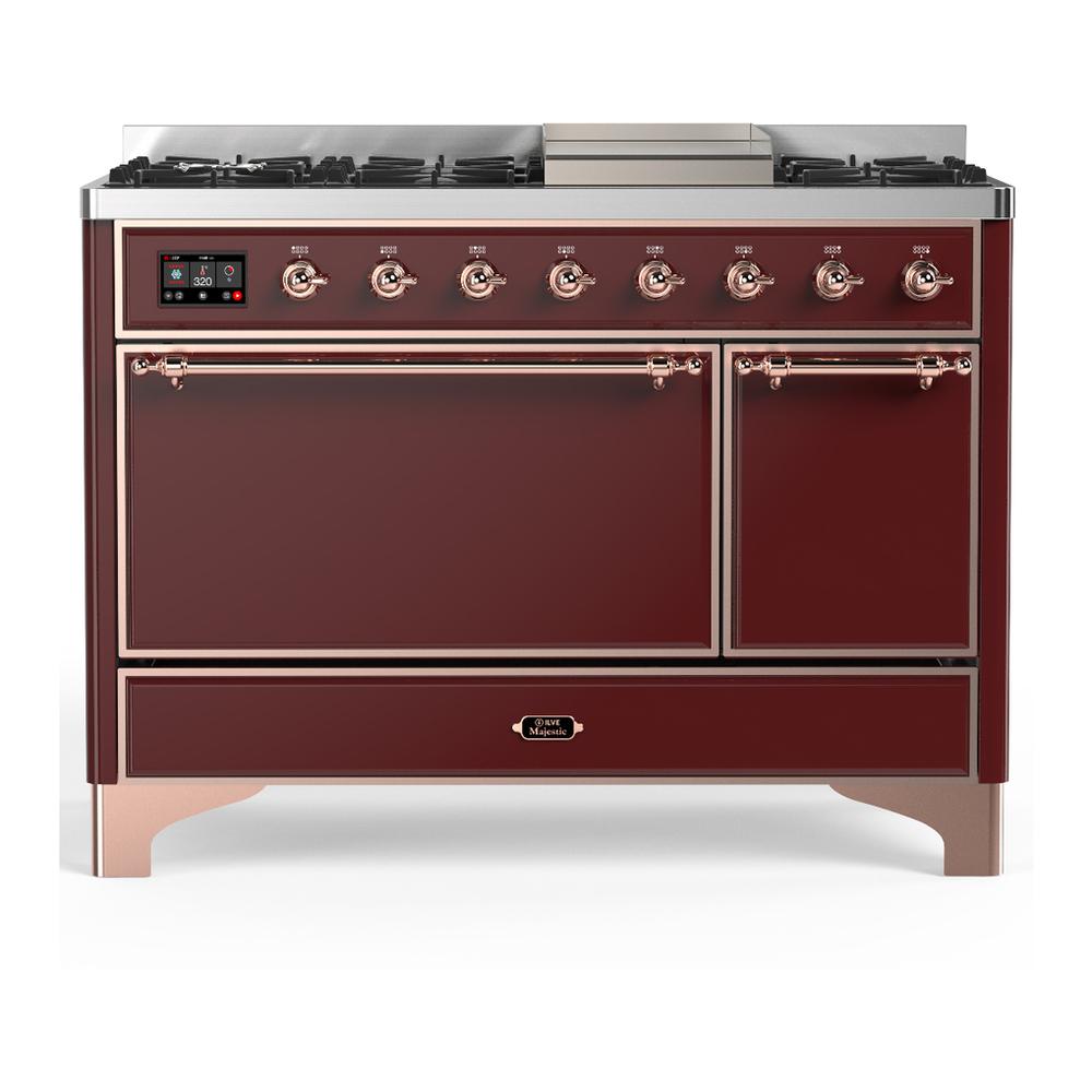 Ilve UM48FQNR3BUPLP Ilve Um48Fqnr3Buplp Majestic Iii 48 Inch Dual Fuel Range With 8 Burners And Griddle, Dual Function Burner Up To 25,000 Btu (Liquid Propane, Solid Door, Burgundy, Copper)