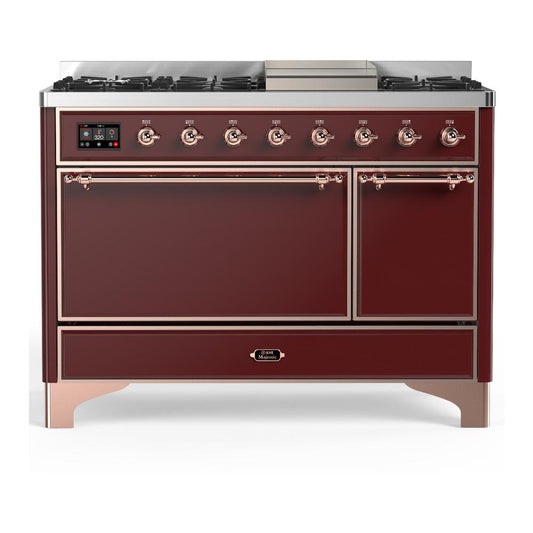Ilve UM48FQNR3BUPLP Ilve Um48Fqnr3Buplp Majestic Iii 48 Inch Dual Fuel Range With 8 Burners And Griddle, Dual Function Burner Up To 25,000 Btu (Liquid Propane, Solid Door, Burgundy, Copper)