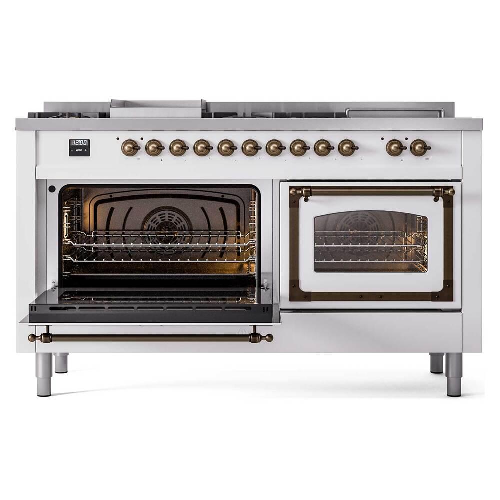 Ilve UN60FSNMPWHB Ilve Un60Fsnmpwhb Nostalgie Ii Noblesse 60" Dual Fuel Range (7 Sealed Burners + Griddle + French Top, Natural Gas, Triple Glass Door, White, Burnished)