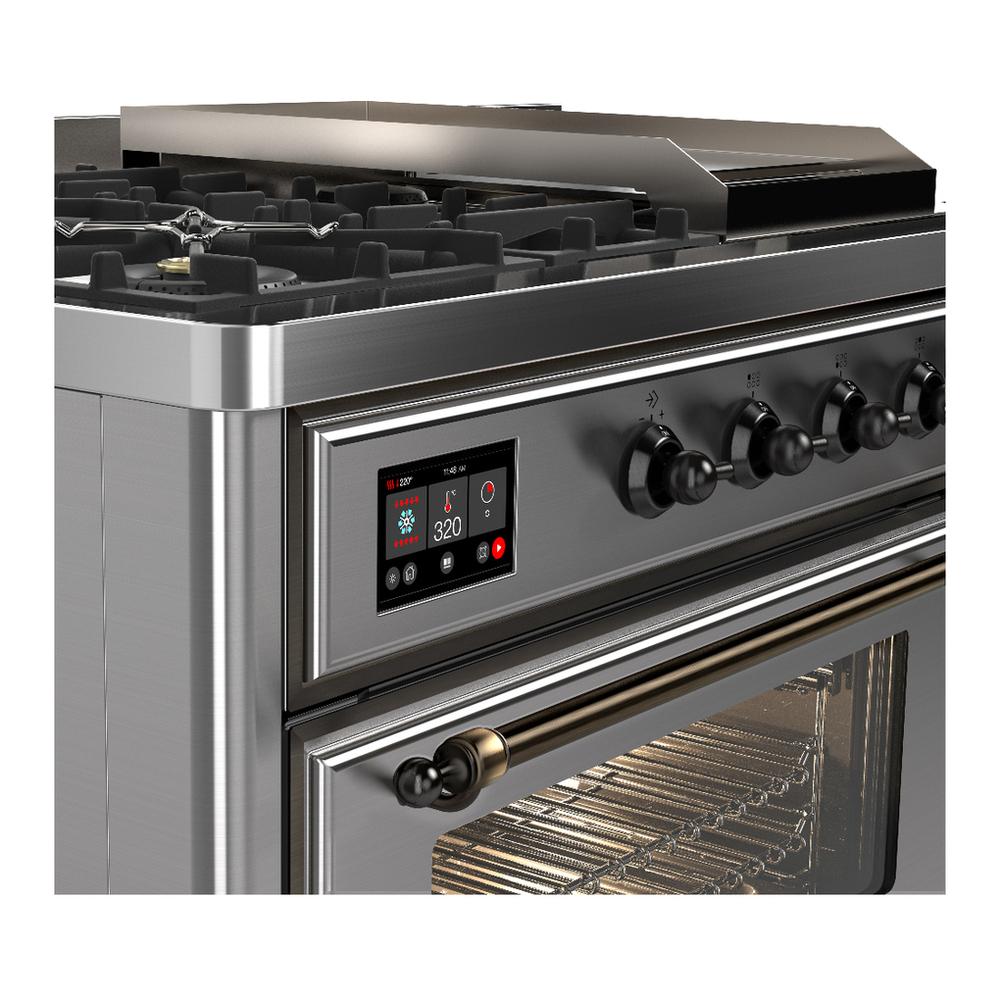 Ilve UM48FSNR3SSB Ilve Um48Fsnr3Ssb Majestic Iii 48 Inch Dual Fuel Range With 5 Black Brass Burners, Griddle And French Top, Dual Function Burner Up To 25,000 Btu (Natural Gas, Triple Glass Door, Stainless Steel, Burnished)