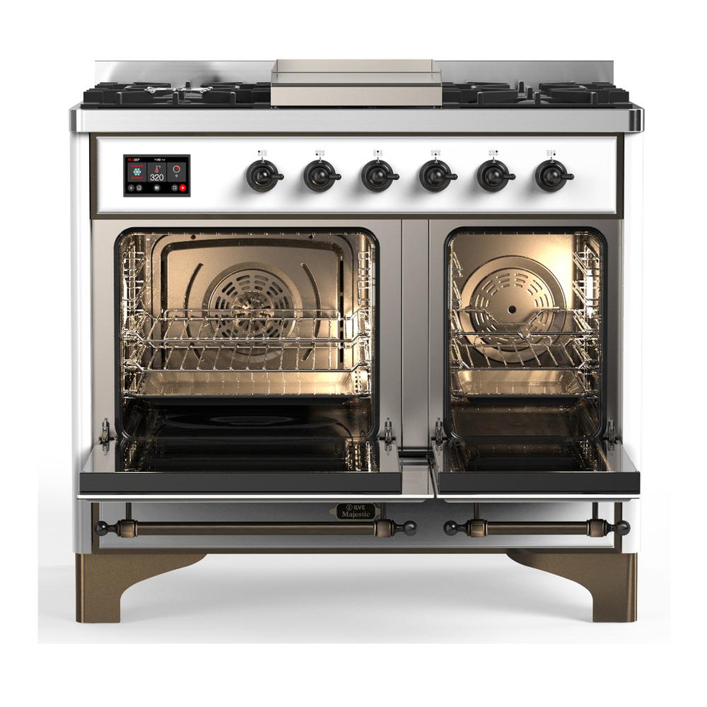 Ilve UMD40FQNR3WHB Ilve Umd40Fqnr3Whb Majestic Iii 40 Inch Dual Fuel Range With 6 Burners And Griddle, Dual Function Burner Up To 25,000 Btu (Natural Gas, Solid Door, White, Burnished)
