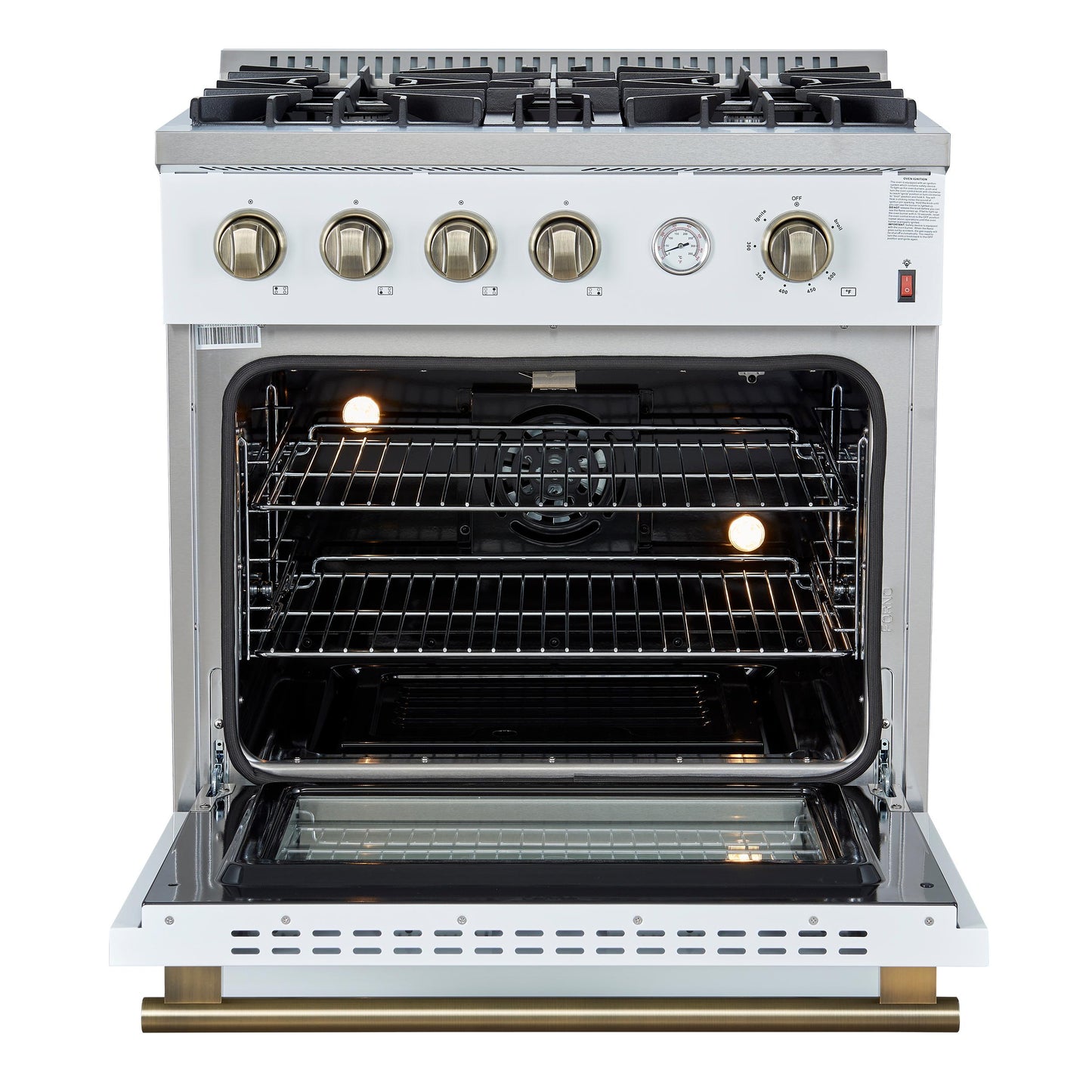 Forno FFSGS627730WHT Marco 30-Inch Gas Range White & Antique Brass Design, 4 Burners 37,000 Btu, 4.32 Cu.Ft. Convection Oven