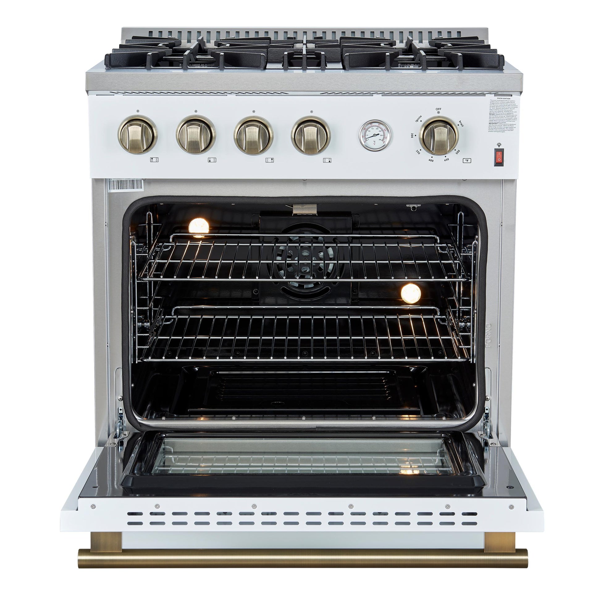 Forno FFSGS627730WHT Marco 30-Inch Gas Range White & Antique Brass Design, 4 Burners 37,000 Btu, 4.32 Cu.Ft. Convection Oven