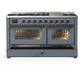Ilve UM60FNR3BGBLP Ilve Um60Fnr3Bgblp Majestic Iii 60 Inch Dual Fuel Range With 9 Burners And Griddle, Dual Function Burner Up To 25,000 Btu (Liquid Propane, Triple Glass Door, Blue Grey, Burnished)