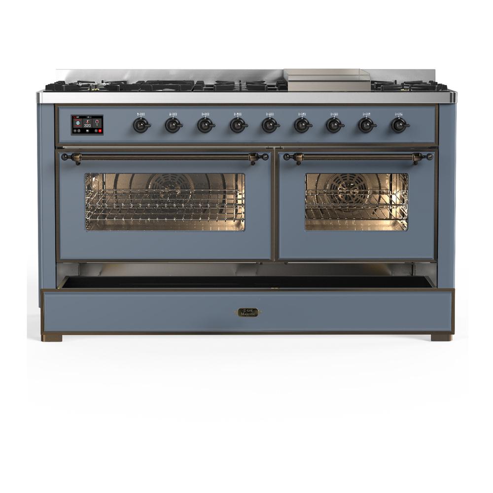 Ilve UM60FNR3BGBLP Ilve Um60Fnr3Bgblp Majestic Iii 60 Inch Dual Fuel Range With 9 Burners And Griddle, Dual Function Burner Up To 25,000 Btu (Liquid Propane, Triple Glass Door, Blue Grey, Burnished)