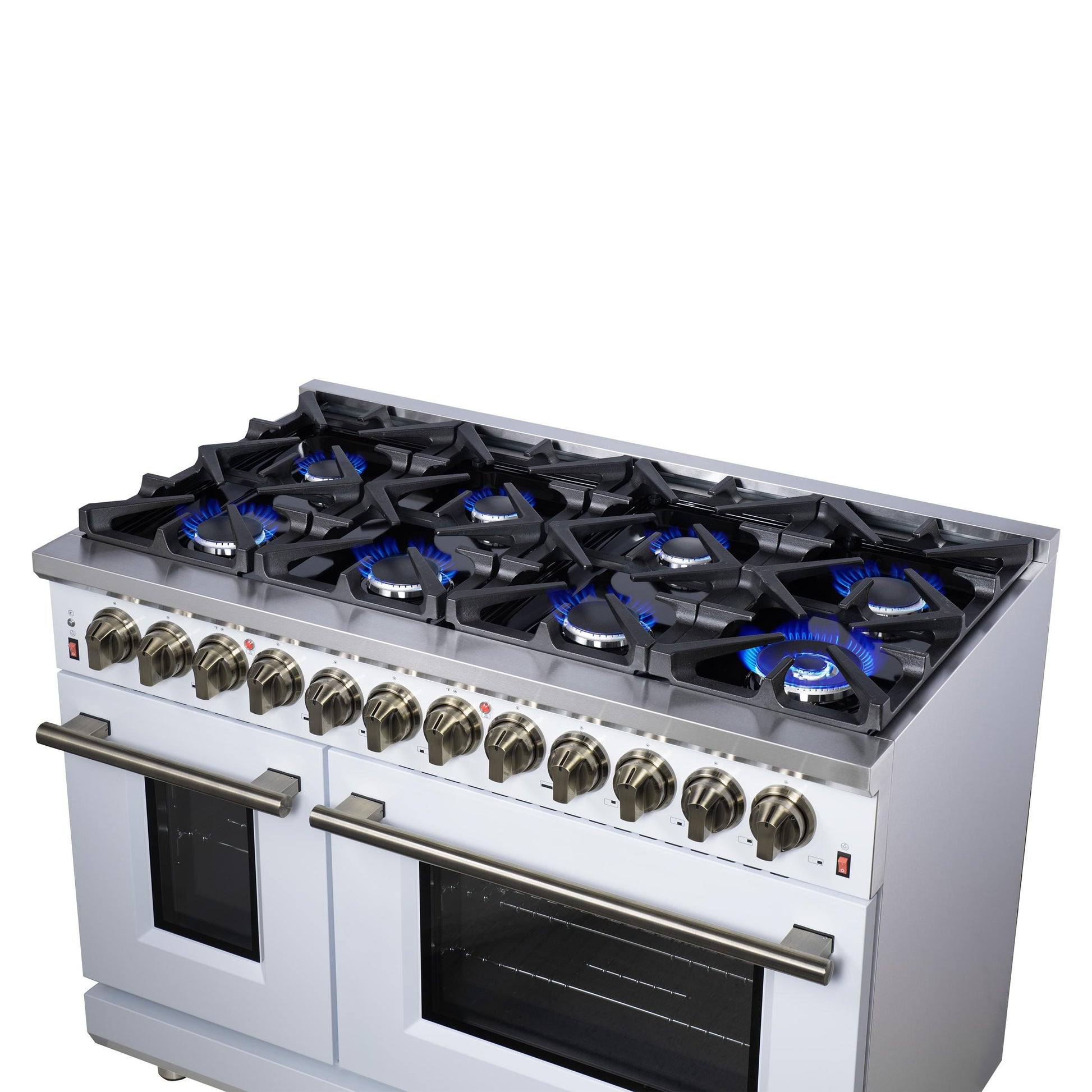 Forno FFSGS612548WHT Forno Massimo 48 Inch Freestanding Dual Fuel Range In White With Antique Brass Accessories, 8 Burners, 6.58 Cu. Ft. Convection Oven