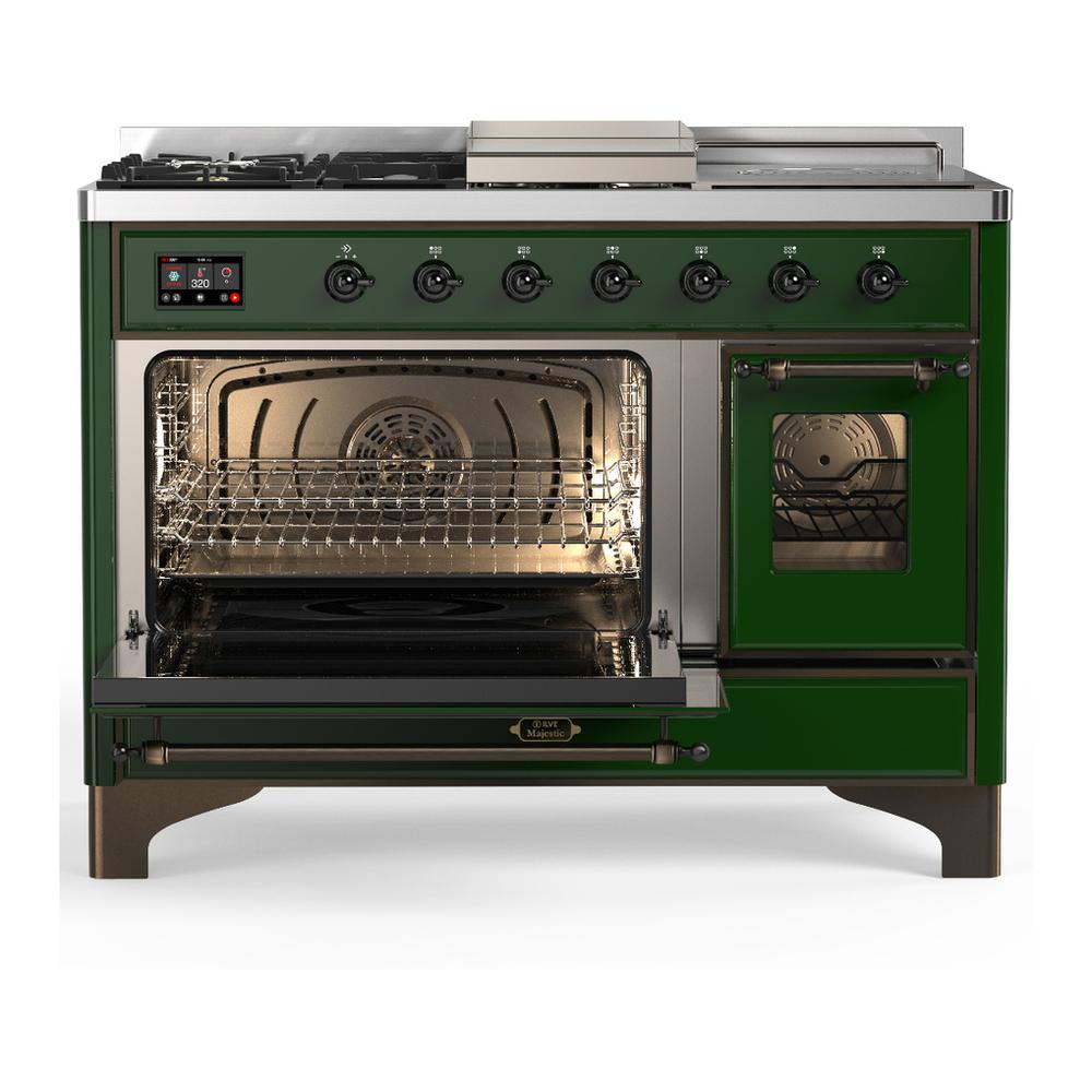 Ilve UM48FSNR3EGB Ilve Um48Fsnr3Egb Majestic Iii 48 Inch Dual Fuel Range With 5 Black Brass Burners, Griddle And French Top, Dual Function Burner Up To 25,000 Btu (Natural Gas, Triple Glass Door, Emerald Green, Burnished)
