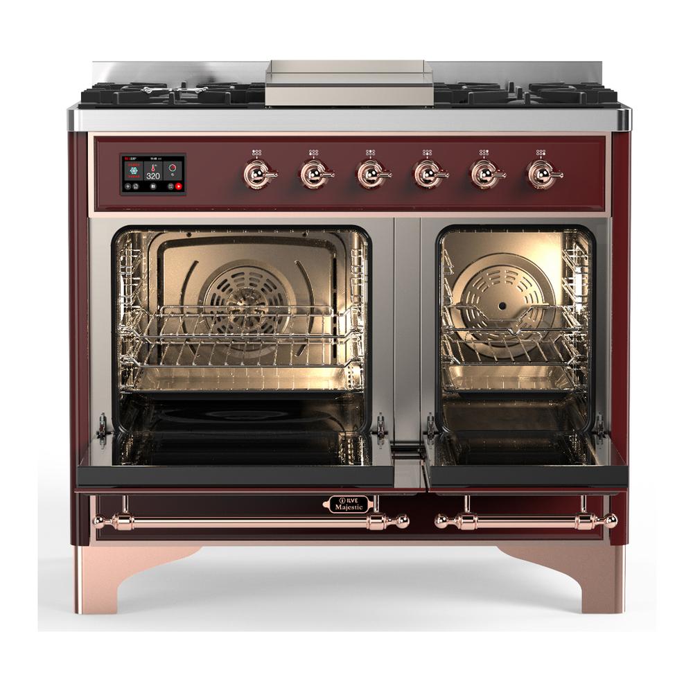 Ilve UMD40FNR3BUP Ilve Umd40Fnr3Bup Majestic Iii 40 Inch Dual Fuel Range With 6 Burners And Griddle, Dual Function Burner Up To 25,000 Btu (Natural Gas, Triple Glass Door, Burgundy, Copper)