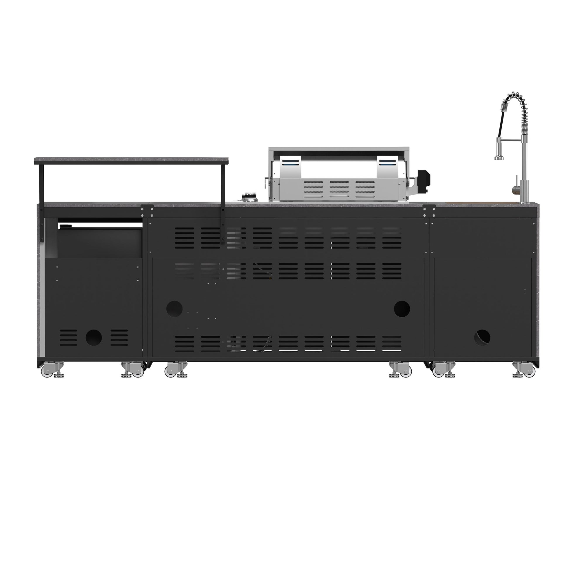 Forno FODKT2544BLK Forno Rimini Outdoor Kitchen 30" Bbq 62,600 Btu, 3 Burners With Sear & Rotisserie, 2.4 Cu.Ft. Beverage Center, Stainless Steel Sink, Black Cabinets & Gray Sintered Stone Countertop