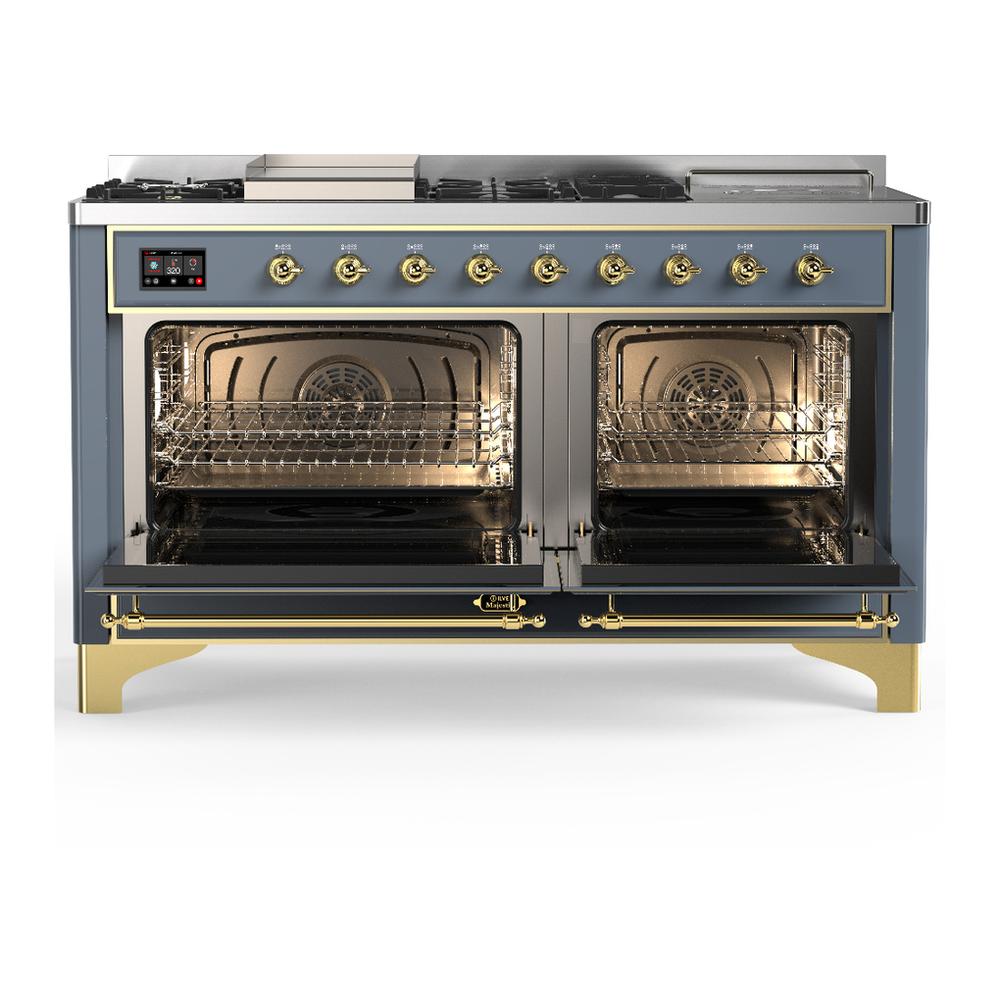 Ilve UM60FSQNR3BGG Ilve Um60Fsqnr3Bgg Majestic Iii 60 Inch Dual Fuel Range With 7 Burners, Griddle And French Top, Dual Function Burner With Up To 25,000 Btu (Natural Gas, Solid Door, Blue Grey, Brass)