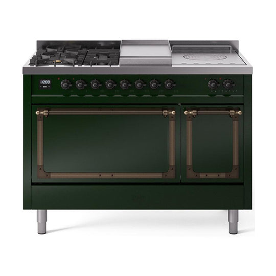 Ilve UN48FSQNMPEGBLP Ilve Un48Fsqnmpegblp Nostalgie Ii Noblesse 48" Dual Fuel Range (5 Sealed Burners + Griddle + French Top, Liquid Propane, Solid Door, Emerald Green, Burnished)