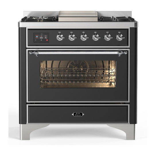 Ilve UM36FNR3MGCLP Ilve Um36Fnr3Mgclp Majestic Iii 36 Inch Dual Fuel Range With 6 Black Brass Burners And Griddle, Dual Function Burner Up To 25,000 Btu (Triple Glass Door, Graphite Matte, Chrome, Liquid Propane)