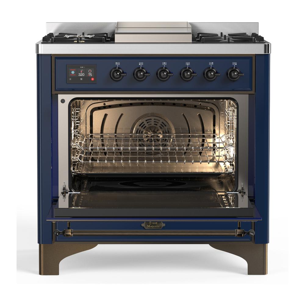 Ilve UM36FQNR3MBB Ilve Um36Fqnr3Mbb Majestic Iii 36 Inch Dual Fuel Range With 6 Black Brass Burners And Griddle, Dual Function Burner Up To 25,000 Btu (Solid Door, Midnight Blue, Burnished, Natural Gas)