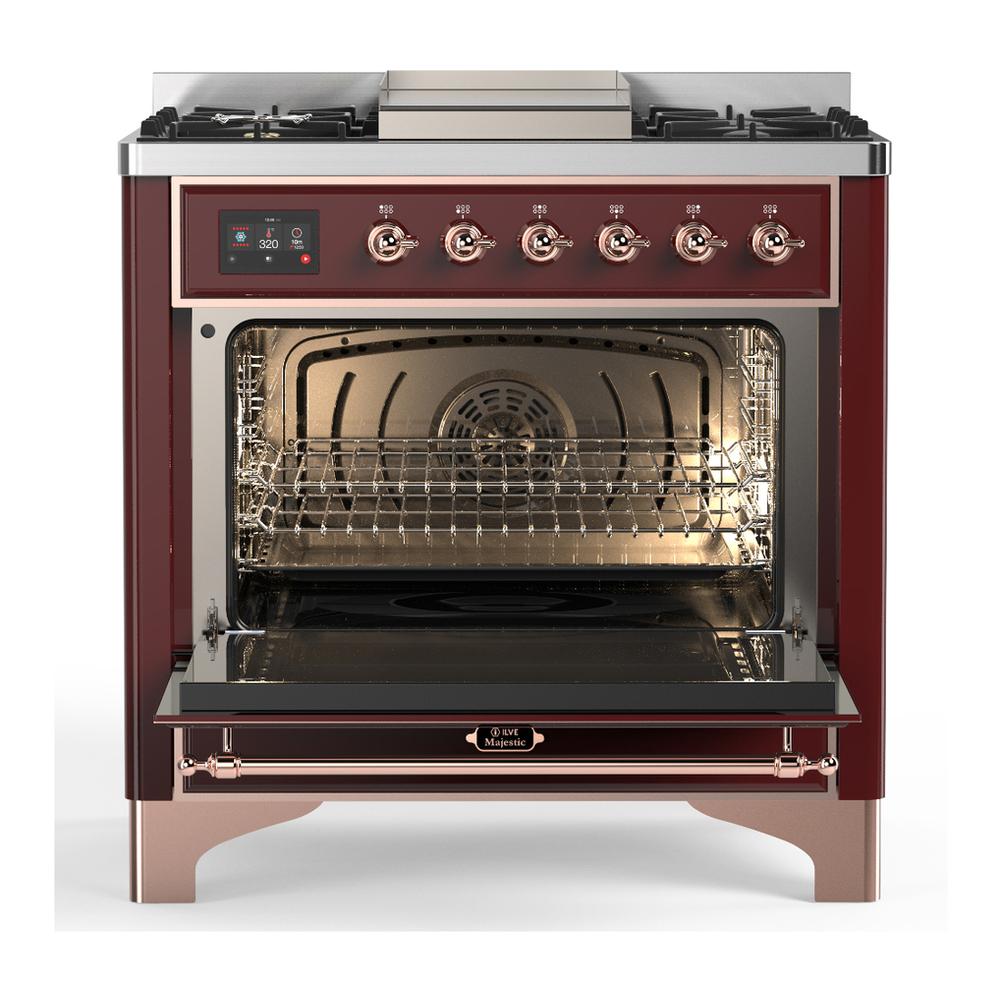 Ilve UM36FQNR3BUPLP Ilve Um36Fqnr3Buplp Majestic Iii 36 Inch Dual Fuel Range With 6 Black Brass Burners And Griddle, Dual Function Burner Up To 25,000 Btu (Solid Door, Burgundy, Copper, Liquid Propane)