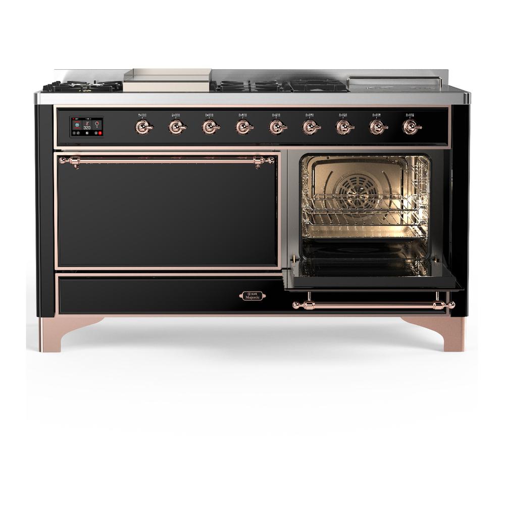 Ilve UM60FSQNR3BKP Ilve Um60Fsqnr3Bkp Majestic Iii 60 Inch Dual Fuel Range With 7 Burners, Griddle And French Top, Dual Function Burner With Up To 25,000 Btu (Natural Gas, Solid Door, Glossy Black, Copper)