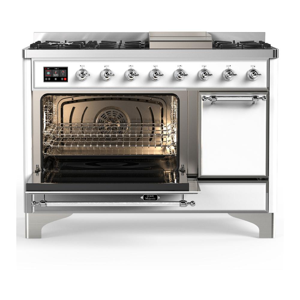 Ilve UM48FQNR3WHC Ilve Um48Fqnr3Whc Majestic Iii 48 Inch Dual Fuel Range With 8 Burners And Griddle, Dual Function Burner Up To 25,000 Btu (Natural Gas, Solid Door, White, Chrome)