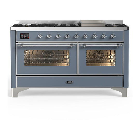 Ilve UM60FNR3BGCLP Ilve Um60Fnr3Bgclp Majestic Iii 60 Inch Dual Fuel Range With 9 Burners And Griddle, Dual Function Burner Up To 25,000 Btu (Liquid Propane, Triple Glass Door, Blue Grey, Chrome)