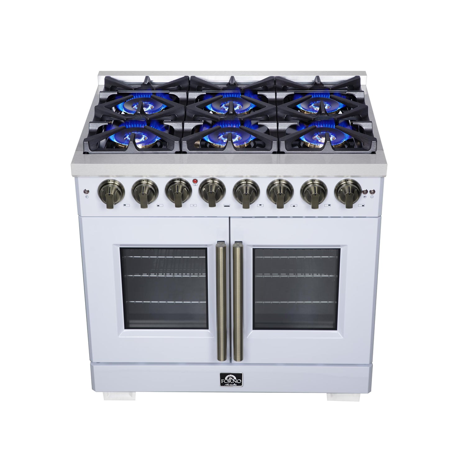 Forno FFSGS638736WHT Forno Capriasca 36 Inch Freestanding French Door Dual Fuel Range In White With Antique Brass Accessories, 6 Burners, True Convection Oven