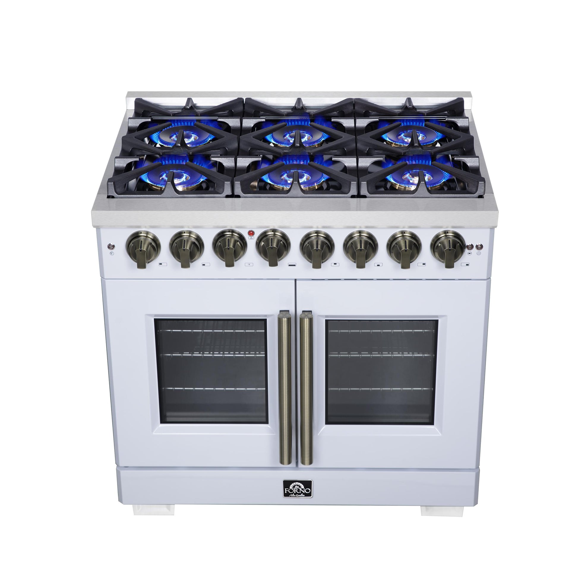 Forno FFSGS638736WHT Forno Capriasca 36 Inch Freestanding French Door Dual Fuel Range In White With Antique Brass Accessories, 6 Burners, True Convection Oven