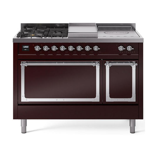 Ilve UN48FSQNMPBUC Ilve Un48Fsqnmpbuc Nostalgie Ii Noblesse 48" Dual Fuel Range (5 Sealed Burners + Griddle + French Top, Natural Gas, Solid Door, Burgundy, Chrome)