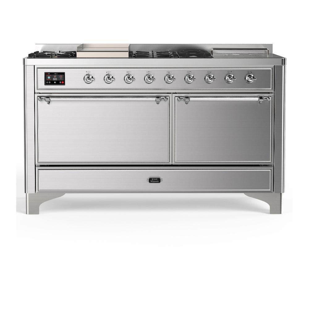 Ilve UM60FSQNR3SSC Ilve Um60Fsqnr3Ssc Majestic Iii 60 Inch Dual Fuel Range With 7 Burners, Griddle And French Top, Dual Function Burner With Up To 25,000 Btu (Natural Gas, Solid Door, Stainless Steel, Chrome)