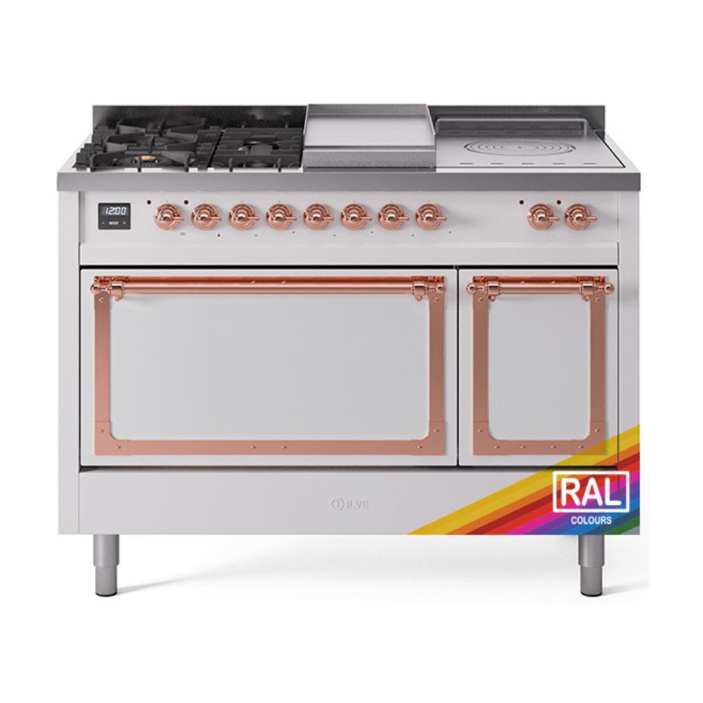 Ilve UN48FSQNMPRAP Ilve Un48Fsqnmprap Nostalgie Ii Noblesse 48" Dual Fuel Range (5 Sealed Burners + Griddle + French Top, Natural Gas, Solid Door, Ral, Copper)