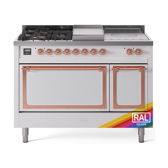 Ilve UN48FSQNMPRAP Ilve Un48Fsqnmprap Nostalgie Ii Noblesse 48" Dual Fuel Range (5 Sealed Burners + Griddle + French Top, Natural Gas, Solid Door, Ral, Copper)