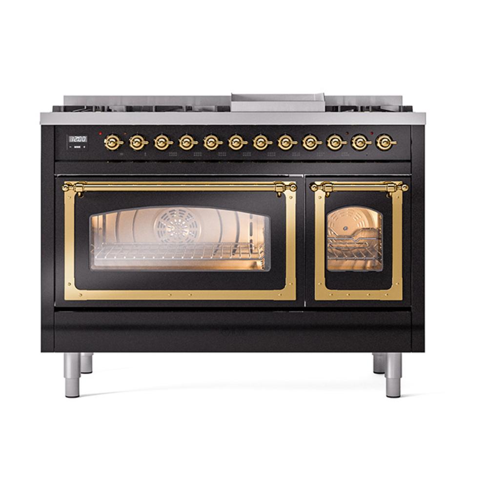 Ilve UN48FNMPBKGLP Ilve Un48Fnmpbkglp Nostalgie Ii Noblesse 48" Dual Fuel Range (8 Sealed Burners + Griddle, Liquid Propane, Triple Glass Door, Glossy Black, Brass)