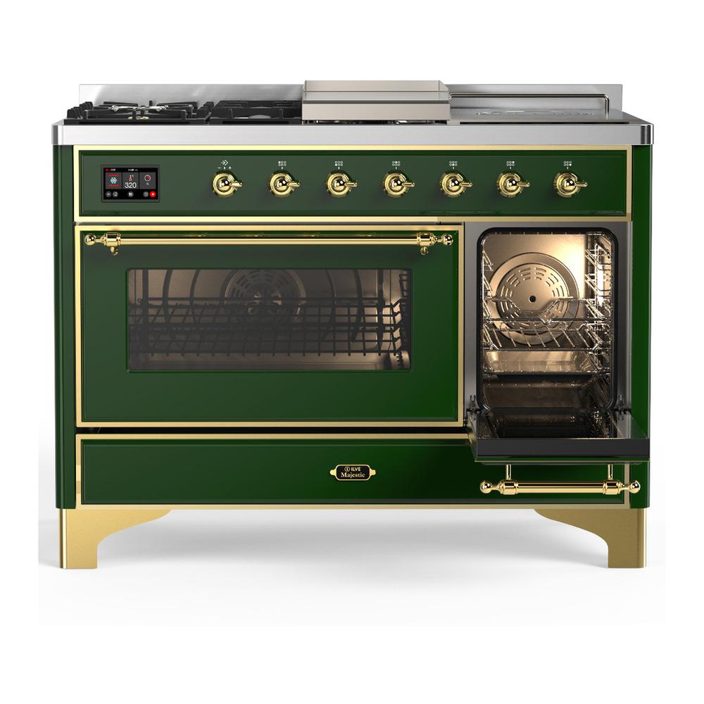 Ilve UM48FSNR3EGG Ilve Um48Fsnr3Egg Majestic Iii 48 Inch Dual Fuel Range With 5 Black Brass Burners, Griddle And French Top, Dual Function Burner Up To 25,000 Btu (Natural Gas, Triple Glass Door, Emerald Green, Brass)